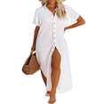 thumbnail image 1 of Robe de Plage pour Femmes, Cache-Maillot, Manches Courtes, Fente Latérale, Boutonnée, Longue Robe-Chemise, Cardigan, Robe Maxi de Plage, Bleu, G, 1 of 7