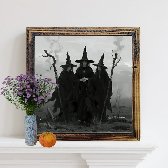 1pc Vintage Witchy Wall Art - Moody Dark Gothic Posters for Living Room Bathroom Halloween Decor -Wooden Frame Painting, 8 inch, Three Witches Holding Magic Wands Painting Print