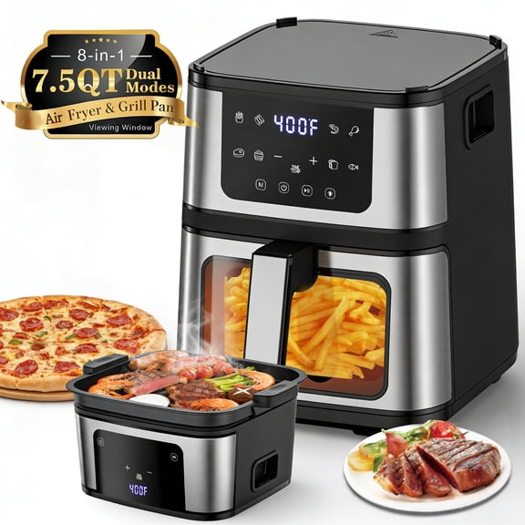 7.5QT Large Air Fryer Oven for 2-7 People, 1450W Powerful Heating, 360° Rapid Air Technology, 8-in-1 Cooking Presets, LED Touch Screen, Nonstick Dishwasher-Safe Basket, 100 Free Paper Liners