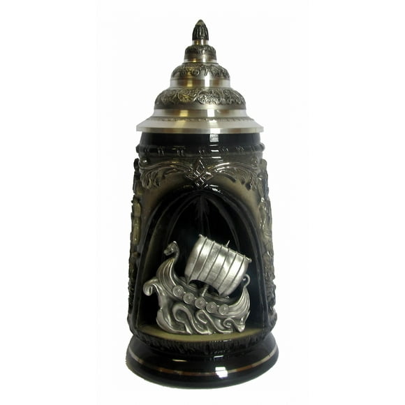 German Grotto Stein, black, pewter Vikingship, ptd. pewter lid, 0.5 liter tankard, beer mug