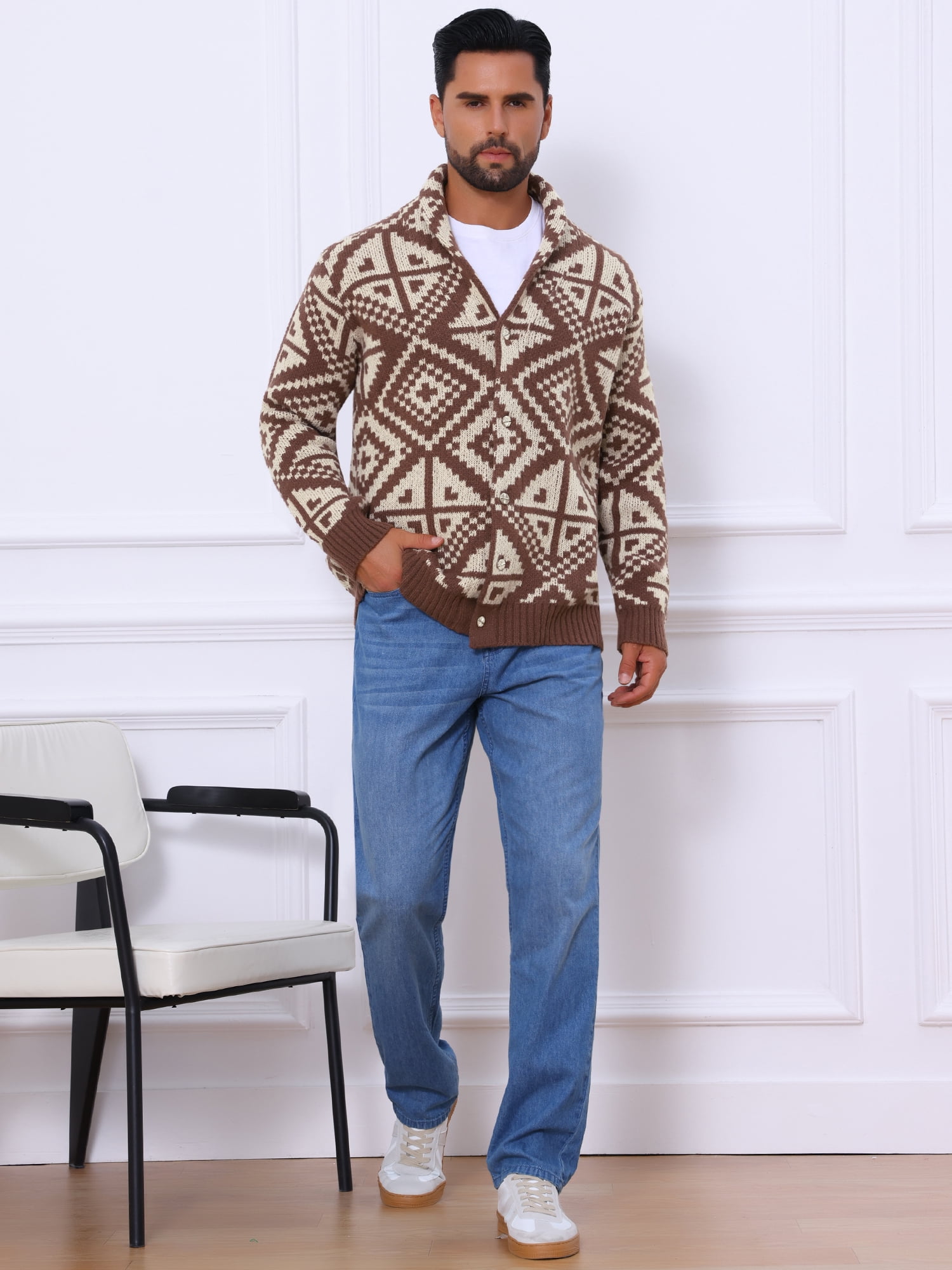 DARING DIVA Men's Shawl Collar Long Sleeved Knitwear Cardigan Sweater 2XL Brown
