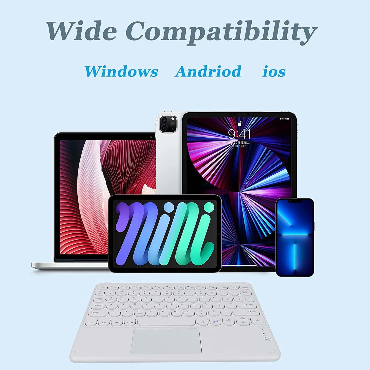 JINRAN Wireless Bluetooth Keyboard with Touchpad for ipad, Portable Mini Small Universal Rechargeable 10 inch Ultra-Slim Wireless Keyboard for Tablet Smartphone PC Computer Laptop Windows Android iOS