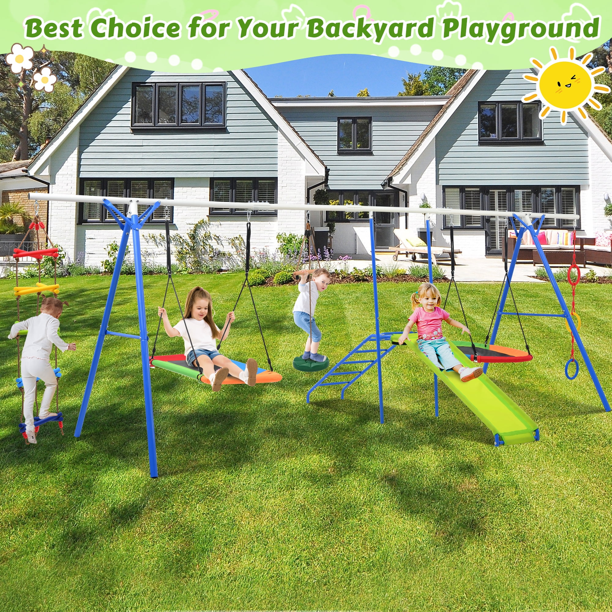 Aukfa 7 in 1 Kids Swing Set with Slide, Heavy-Duty Metal Playset with Climbing for Backyard, Blue