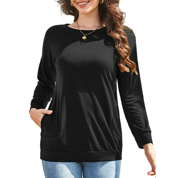 JYLFC Women Casual Long Sleeve Shirts with Pockets Crew Neck Sweatshirt with Pockets Loose Soft Lightweight Tunic Tops Black XL