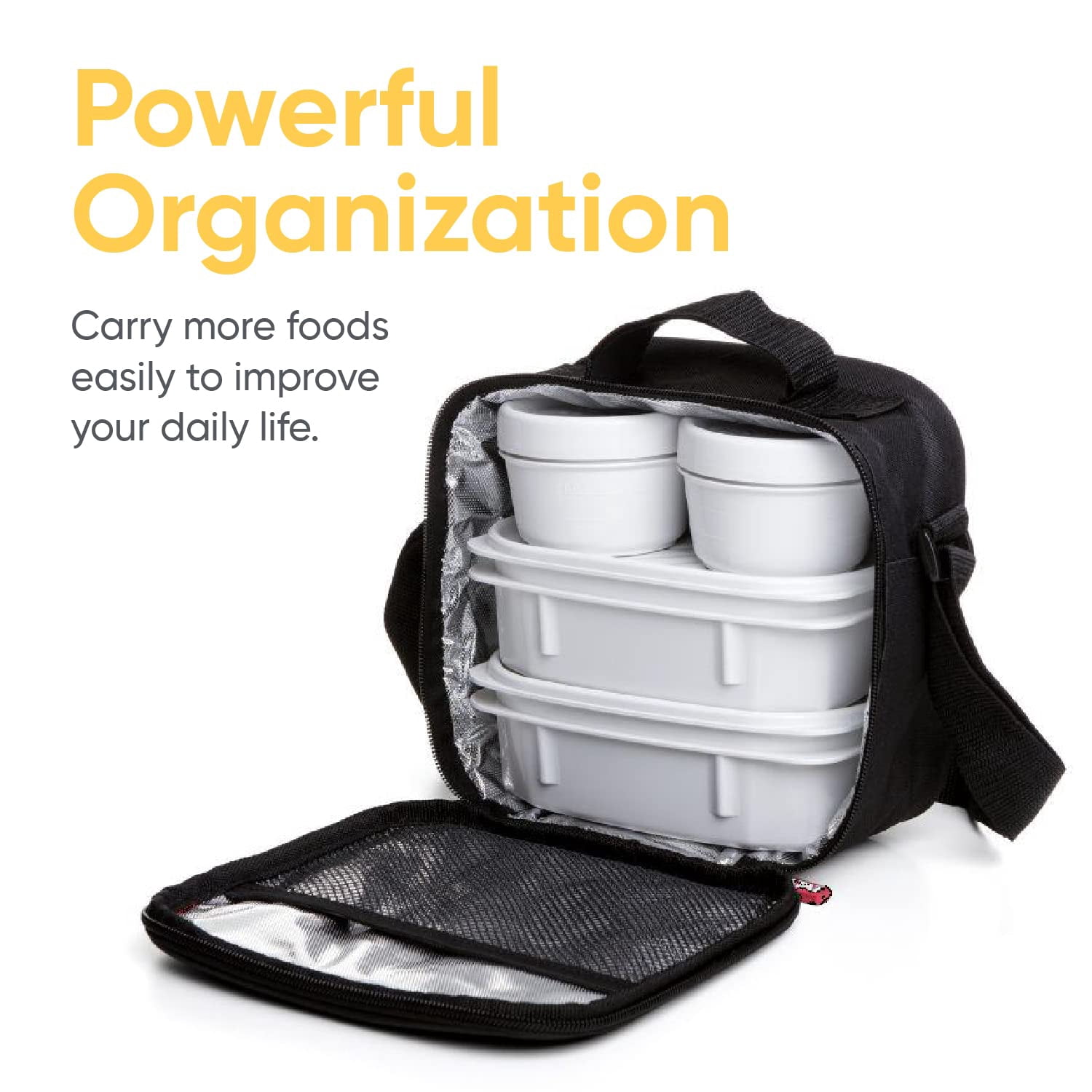 Insulated Lunch Bag with Containers, Thermal Lined Lunch Box, Reusable Leak Proof Containers for Work, Travel, and Beach, Black Small Lunch Bag with Adjustable Strap, Easy to Clean