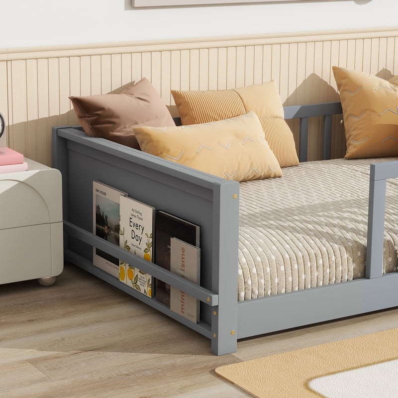 Mirightone Twin Size Floor Bed with Rails, Wood Montessori Floor Bed with Storage Bookcase, Montessori Bed Frame with Fence, Grey