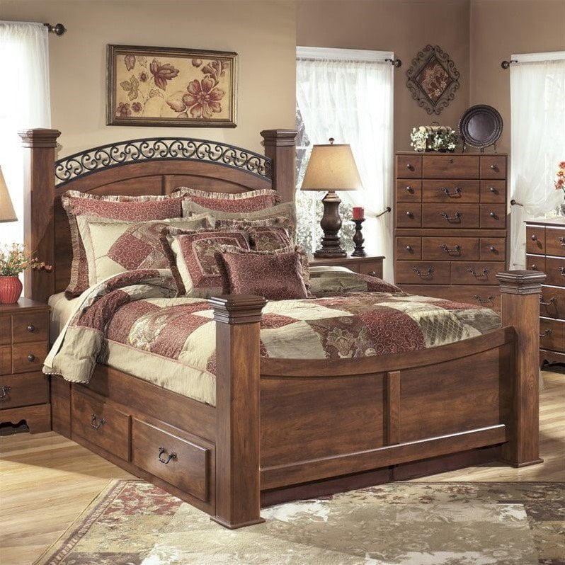 Ashley Furniture Timberline Wood Queen Drawer Panel Bed in Warm Brown