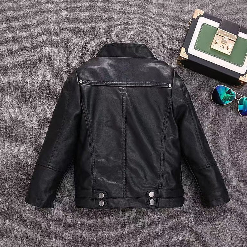 Godderr Kids Boys Girls Padded Leather Jacket Toddler Faux Leather Coat Autumn Winter Zipper Warm Coat Outwear for 2-14Y