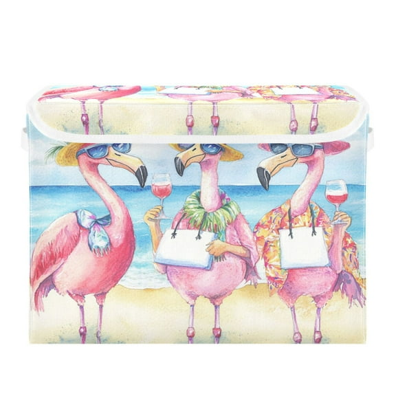 WOBOGO Traveling Flamingos Large Collapsible Storage Box Flip Lid Fabric Decorative Organizer Container Basket with Handles 16.5×12.6×11.8in