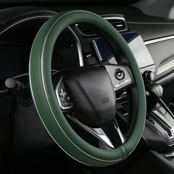 Green Leather Steering Wheel Cover Fiber Strip Car Steering Wheel Cover Universal 15 inch