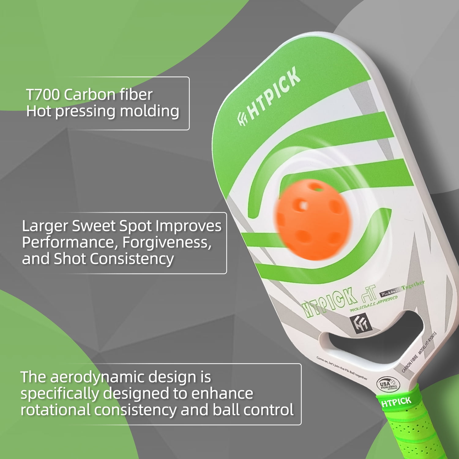 HTPICK Thermoformed Pickleball Paddle - T700 Carbon Fiber Surface, 16mm Honeycomb Core, Green, USAPA Approved