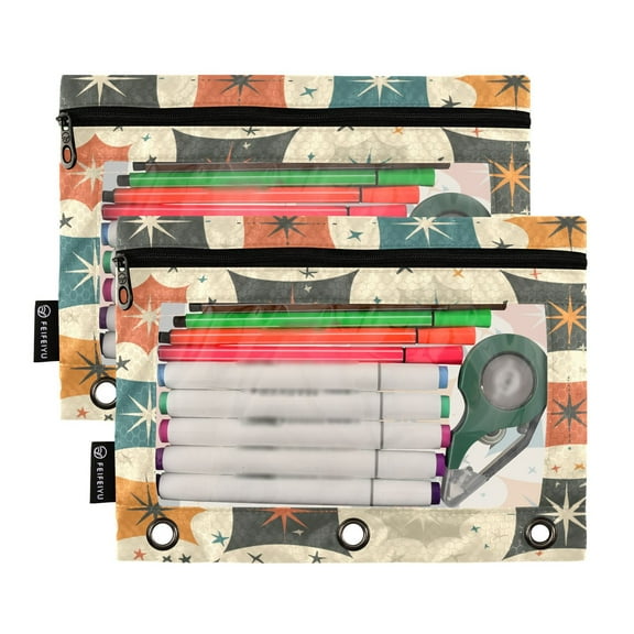 Ckdifva Rural Stars Square Pencil Pouch 3 Ring Zipper Pencil Case Binder Pockets Clear Top Cosmetic Bag 2 Pack
