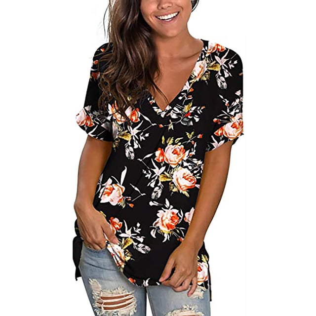 Pntutb - Camisetas de verano para mujer, túnica de manga corta con estampado de tiras, cuello en V, tops de hombro Pntutb Pntutb-1564