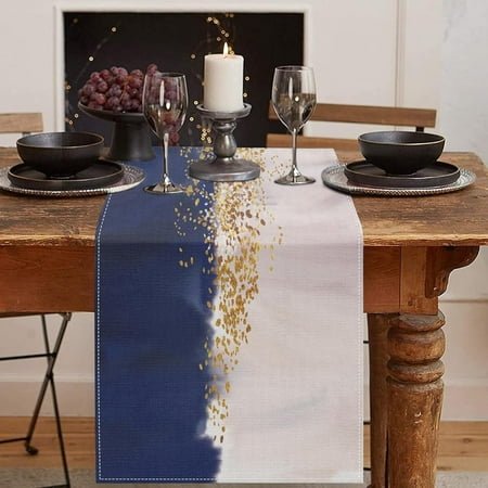 

Navy Blue Table Runner Gold Abstract Oil Watercolor Art Painting for Kitchen Coffee Table Family Dinners Holiday Parties Wedding Events Decor(13x72 inch)