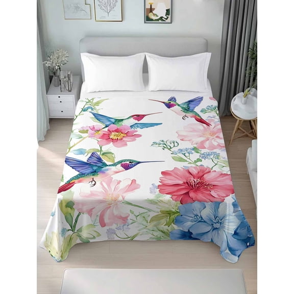 Watercolor Hummingbird Twim Size Flat Sheet, Wrinkleproof & Fadeproof Cooling Flat Bed Sheet Only, Colorful Pink Blue Flowers Breathable Soft Bedding Top Sheets 66 x 96 Inches