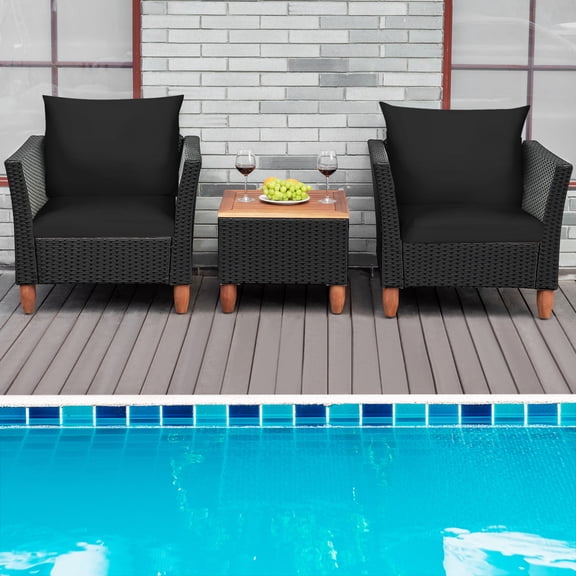 Gymax Fashion 3PCS Patio Rattan Conversation Furniture Set Yard Outdoor w/ Black Cushions