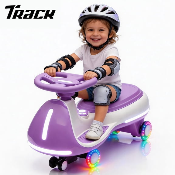 Track Seven 12V Electric Wiggle Car with Pedal, 2 in 1 Swing Car, Bluetooth, LED Lights, Flashing PU Wheels, Max Speed 5 Mph, Anti-Rollover, 12V Ride on Toy Car for Kids Toddlers Aged 3 , Purple