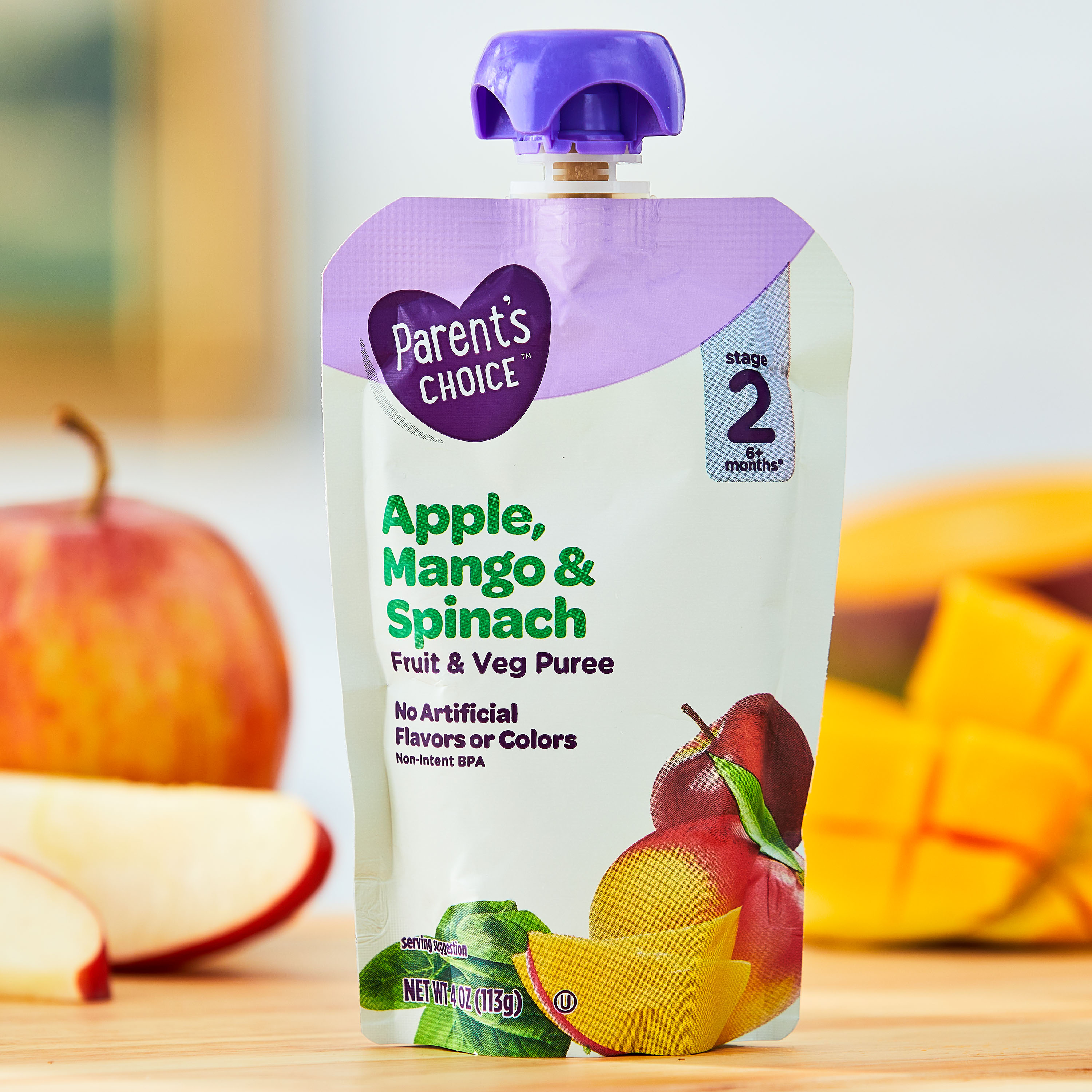 Comida para bebé etapa 2 de Parent's Choice, puré de manzana, mango y espinaca, bolsa de 4 oz 2