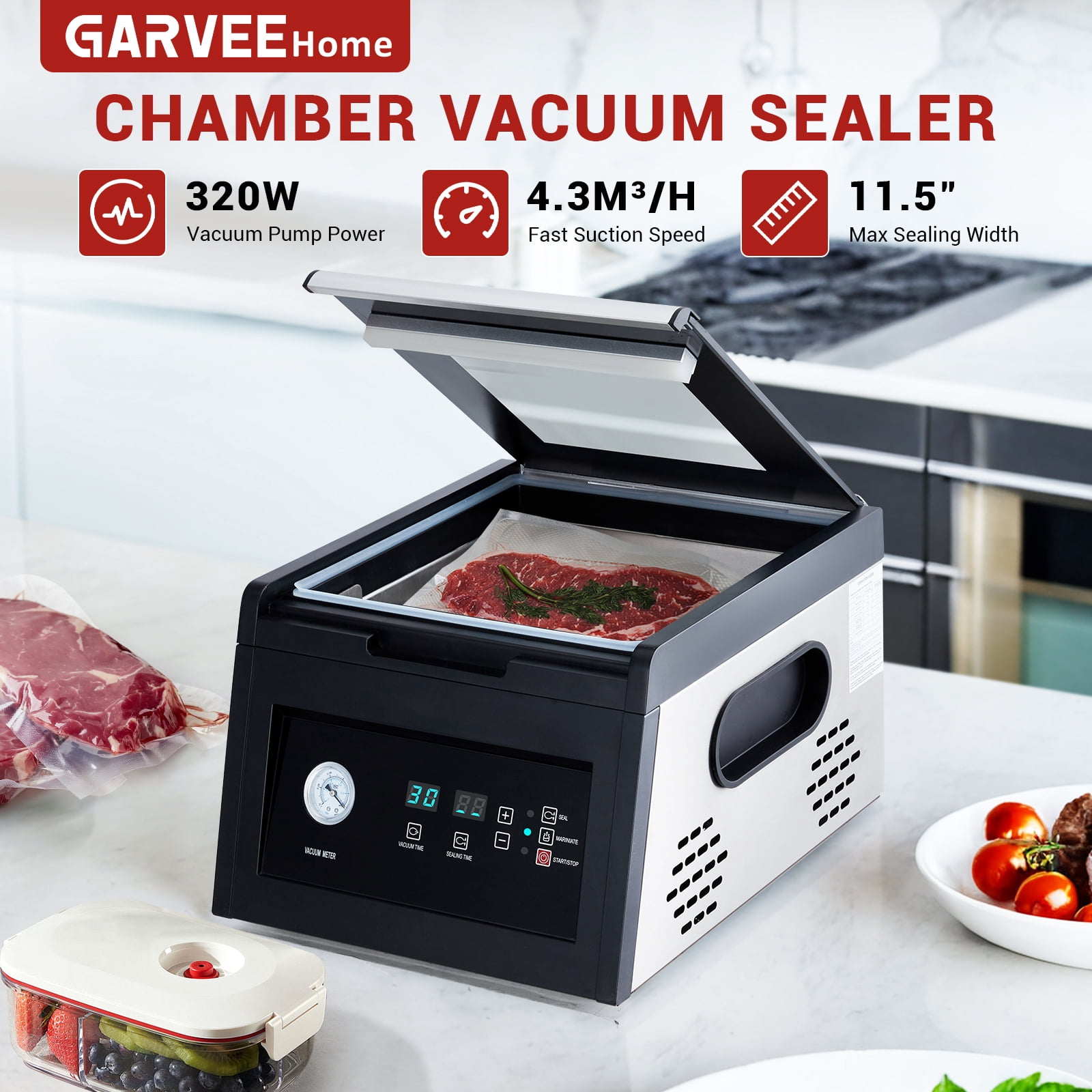 11.5" Heavy-Duty Chamber Vacuum Sealer Machine, High-Performance Food Vacuum Sealer with Marinades Function, Ideal for Home and Commercial Food Preservation, Professional Meat Saver Vacuum Sealer