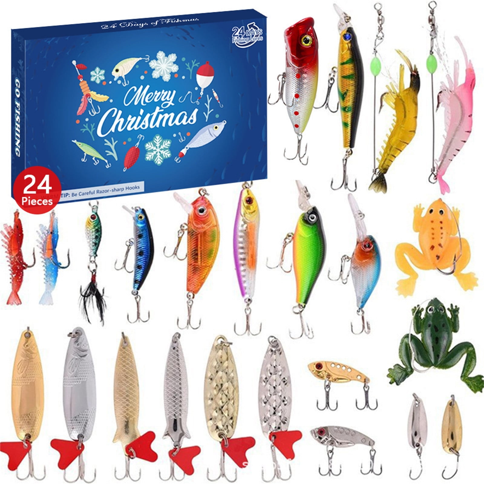 Christmas Fishing Lure Kit Spinner Baits with Frog Fish & Soft Plastic Lures for Freshwater & Bass Holiday Gift Set 24Pc