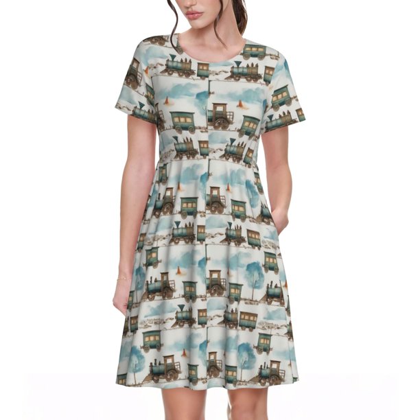 Balery Transport Train Vestidos sueltos de manga corta para mujer, vestidos de verano 2025, vestidos casuales de corte A con vuelo.