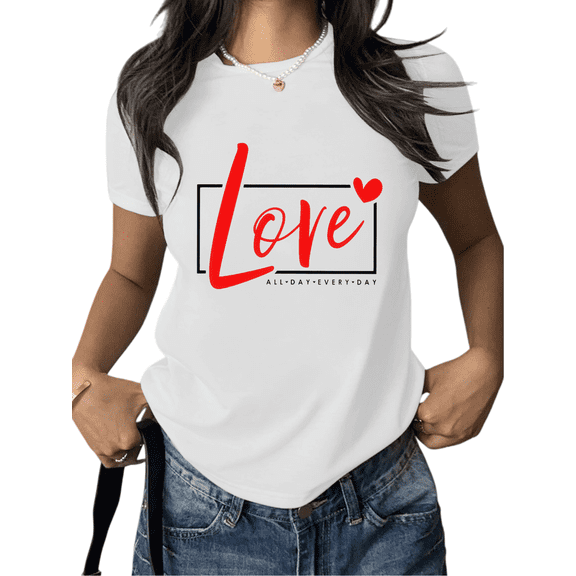 Women's White Print Tshirt Graphic Tees Love All Day Every Day Pattern Shirts S-5XL Casual Daily Tops