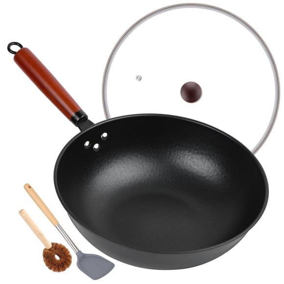 Wok Bretor de 13" antiadherente de acero al carbono con tapa de vidrio