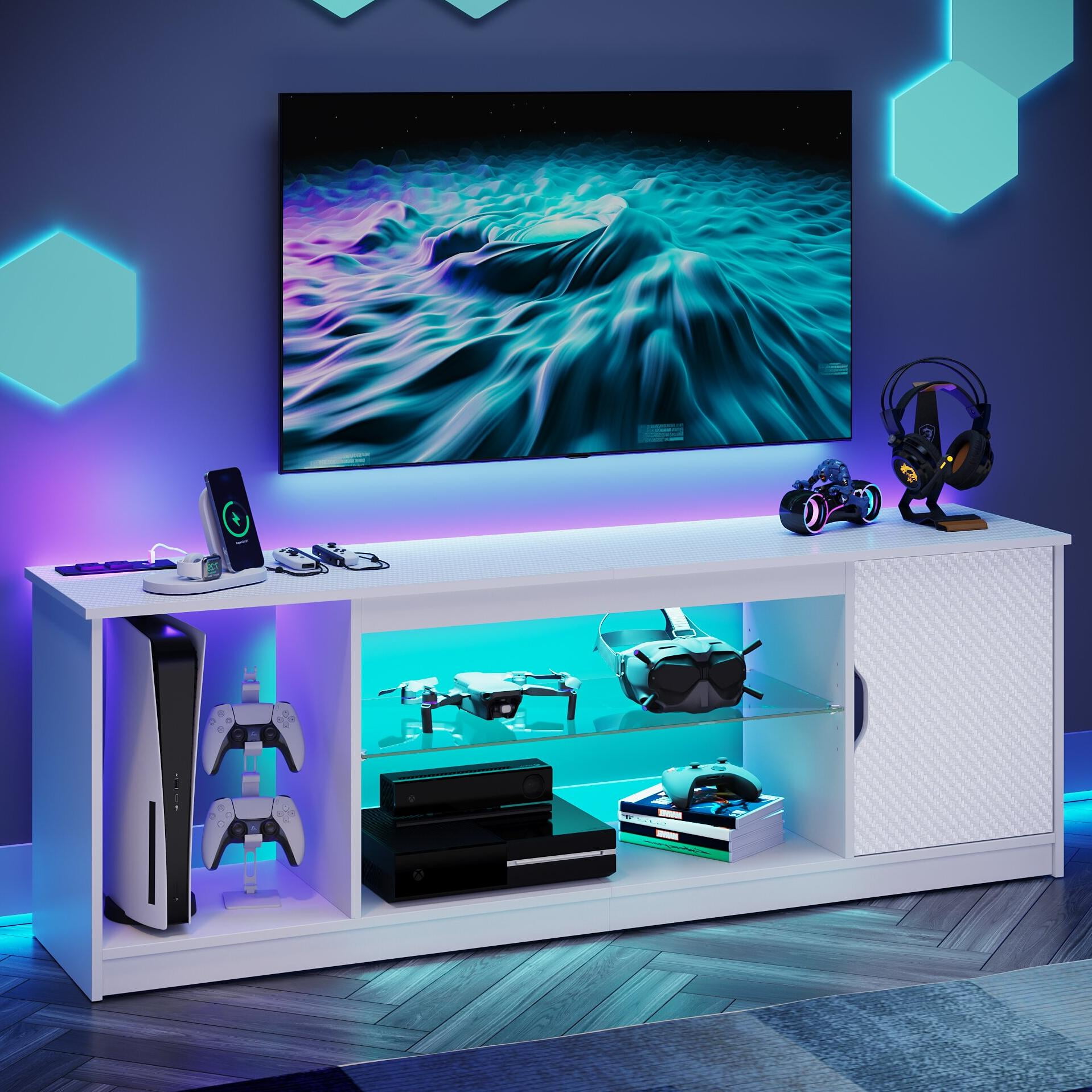 Bestier LED TV Stand for TVs up to 65", Entertainment Center with Power Outlet & Storage Cabinet, White