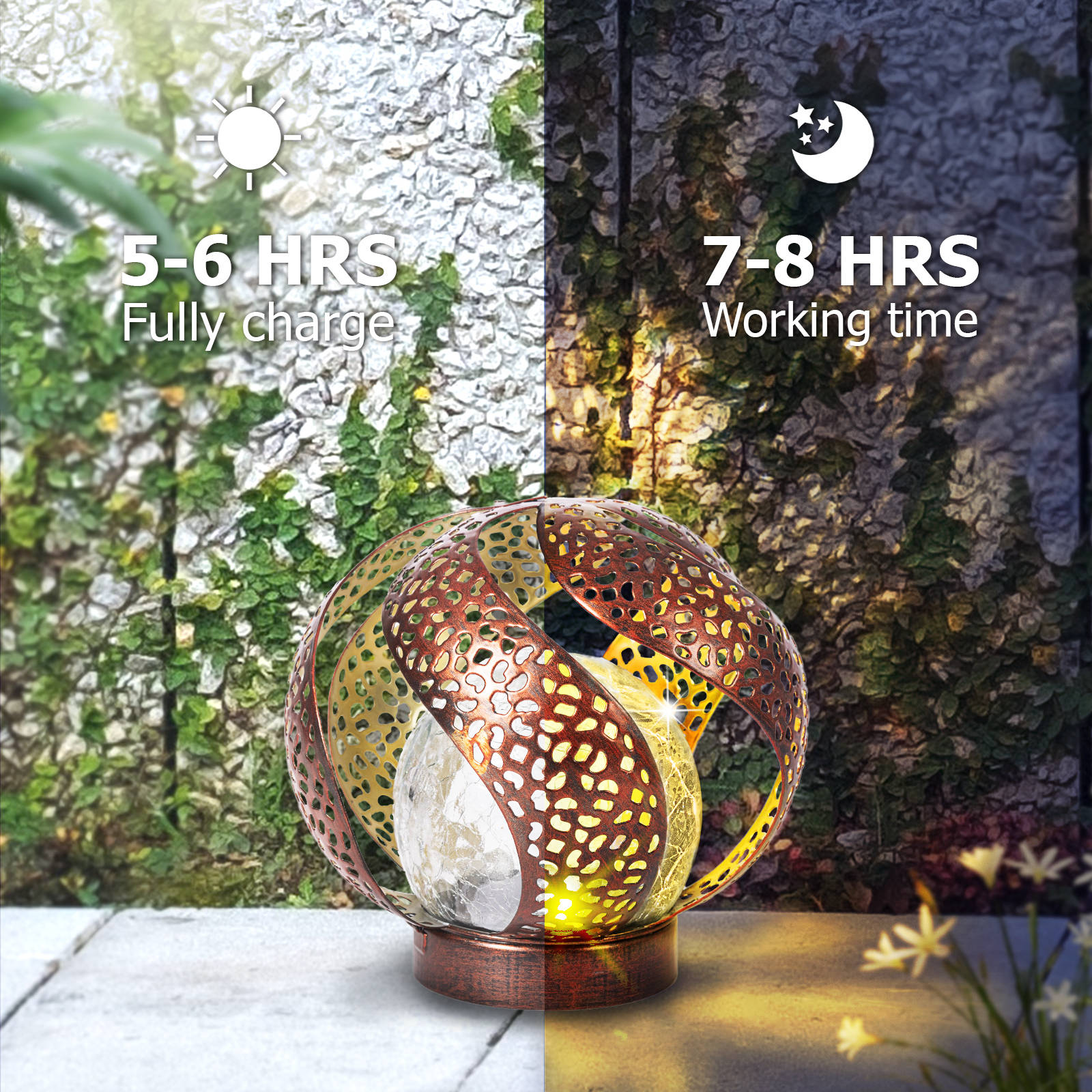 Waitmin Solar Lights Outdoor Garden Decor, Copper Metal Decorative with Crackle Glass Globe, Waterproof LED Lights