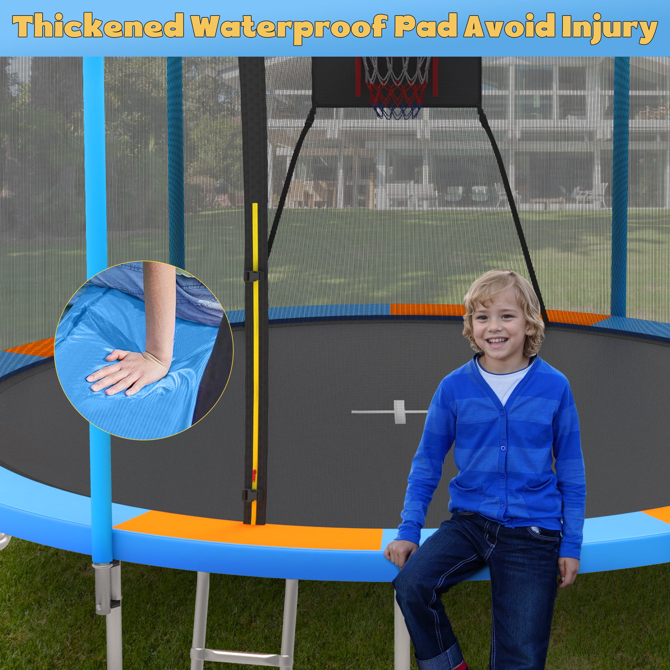 14FT Trampoline for Adults Kids, SEGMART Upgraded Kids Outdoor Trampoline with Basketball Hoop, Safety Enclosure Net, Heavy Duty Recreational Round Trampoline for Indoor Outdoor Backyard, Blue