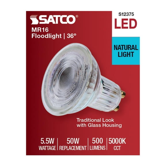 Satco S12375 MR16 LED Flood Light Bulbs 120V 5.5W 5000K GU10 Base Dimmable (12 Pack)