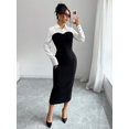 thumbnail image 4 of Black And White Two-Tone Long-Sleeve Midi Dress With Collared Shirt Top And Fitted Black Skirt, 4 of 6