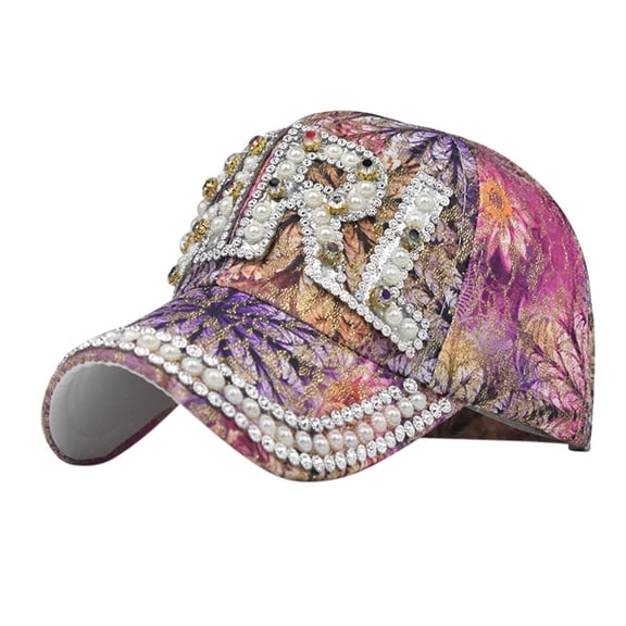 Baseball Cap Women Casual Rhinestone Floral Print Adjustable Sun Visor Hat