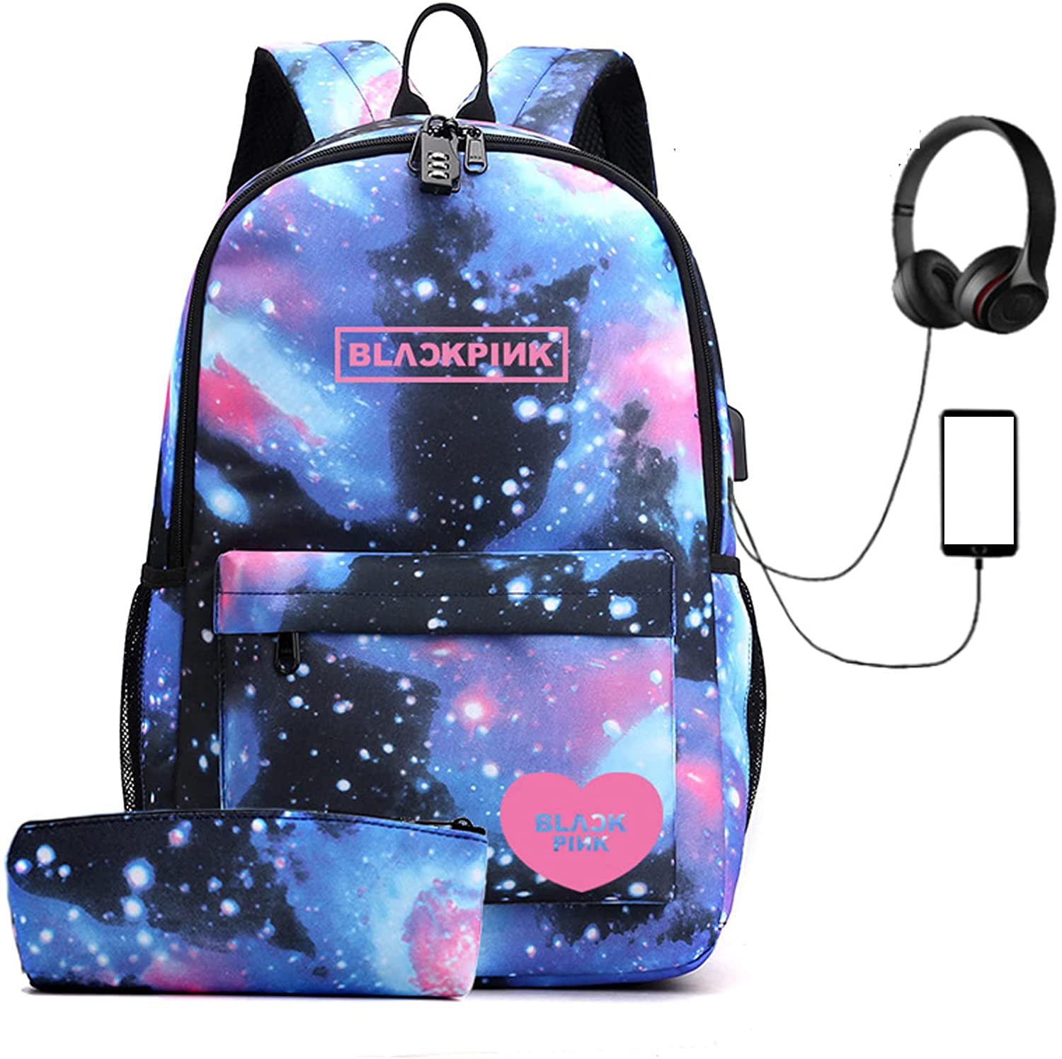 Black&Pink Backpack Laptop bag School Bag Bookbag with USB Charging&Headphone Port 
