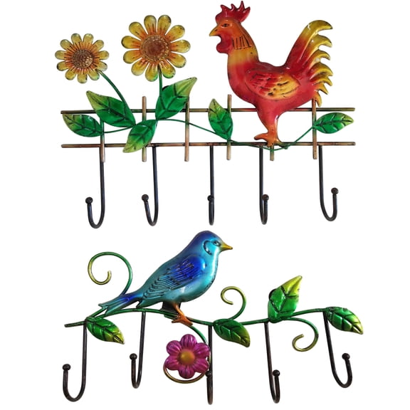 Rooster & Bird Wall Hooks Hanging Plaque Sculpture, Sturdy Indoor Outdoor Metal Wall Art Decor with Life-Like Flower for Coat Keys Apron Towel Hook, Easy to Install,Metal Farmhouse Wall Hook Coat Hook