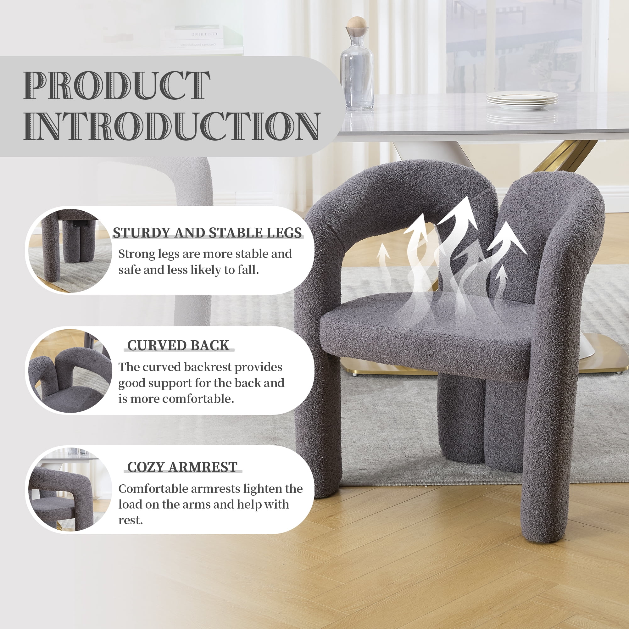 MOONMISS Teddy Fabric Upholstered Wood Frame Contemporary Designed Dining Side Chair（set of 2）-Gray