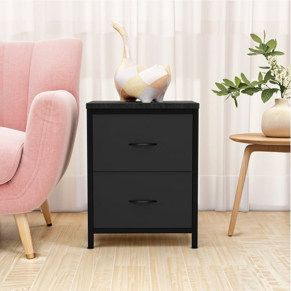 Nightstand, Bedside Table with 2 Storage Drawers, Wooden Top Fabric Cabinet Kids Mini Dresser for Bedroom, Closet, Entryway, College Dorm, Black