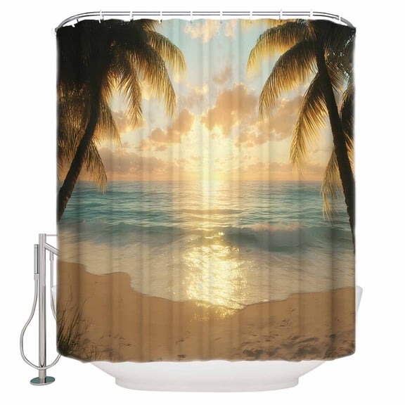 60x72 Inch Shower Curtains for Bathroom Summer Coastal Beach Fabric Bath Curtain Decor Coastal Ocean Tropical Palm Tree Waterproof Restroom Curtains Shower Set Accessories with 12 Hooks 60 Inch