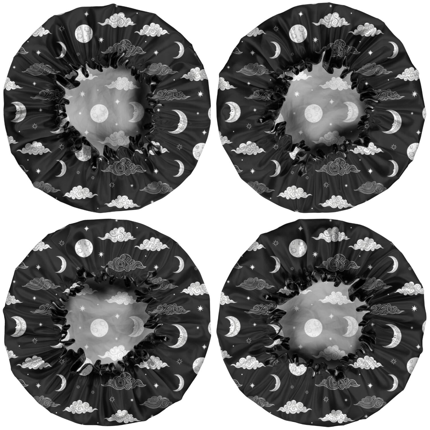 Shower Caps,Black White Cloud Moon Star Pattern Waterproof Shower Cap for Women 4 Pieces,Double Reusable Hair Cover for Shower PEVA Elastic Stretch Hem
