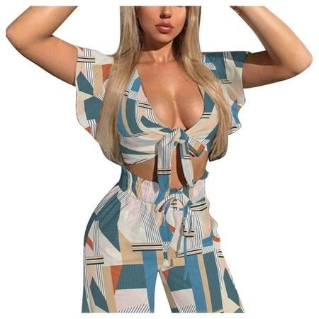 

Dadaria 2 Piece Outfits for Women Shorts Set Summer Holiday V Neck Print Short Sleeve Long Pants 2 Pieces Suit Party Multicolor L Female