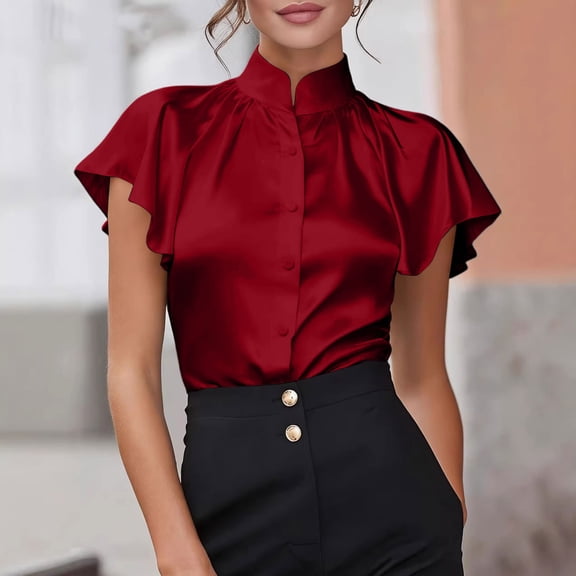 Uootdi Work Tops for Women Stand Collar Flutter Short Sleeve Button Front Plain Satin Womens Shirts Straight Fit Business Casual Silky Summer Blouses for Women