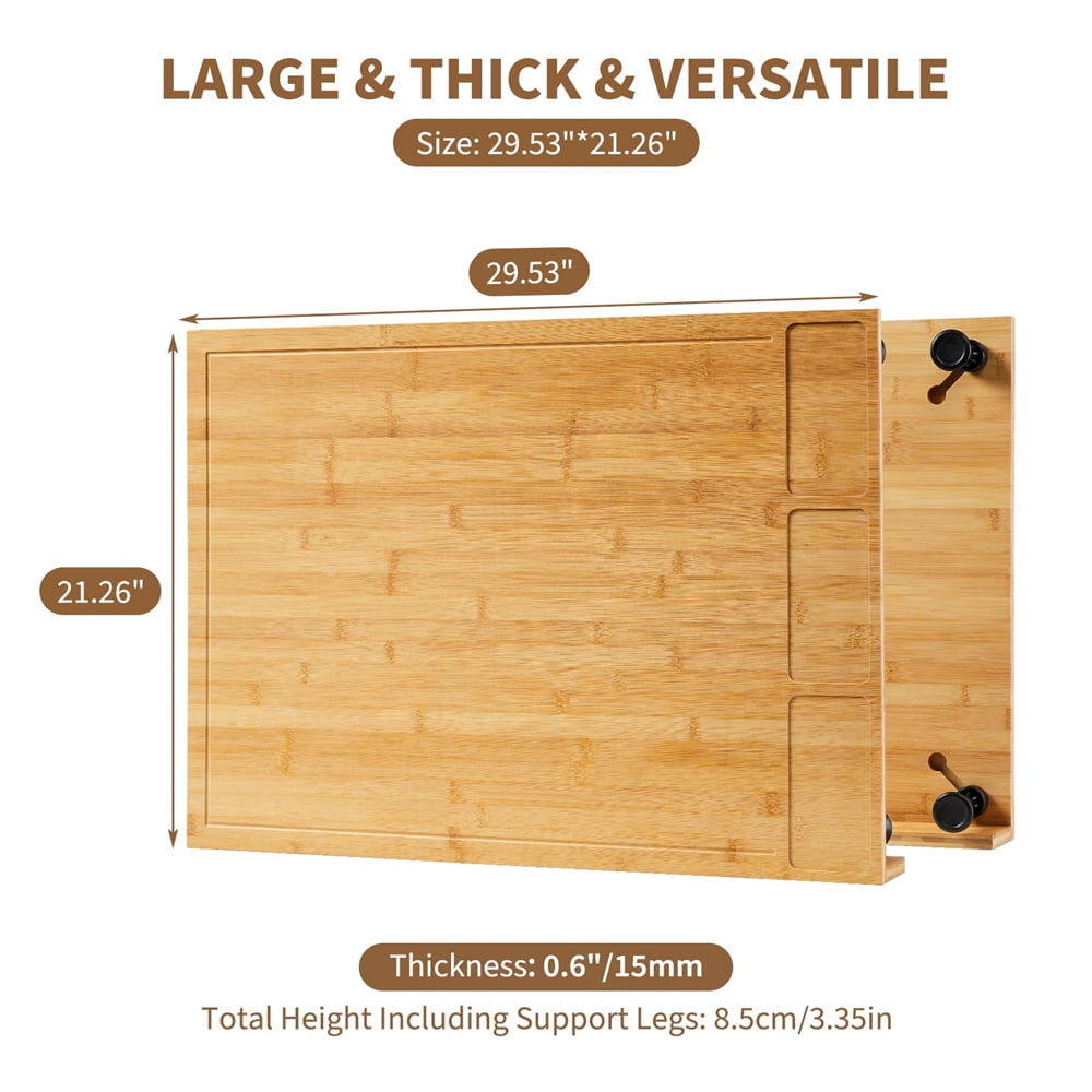 30" x 21" Extra Large Bamboo Cutting Board & Stovetop Cover, 2-in-1 Stove Top Cover Chopping Board with Detachable Feets, Kitchen Board with Juice Groove