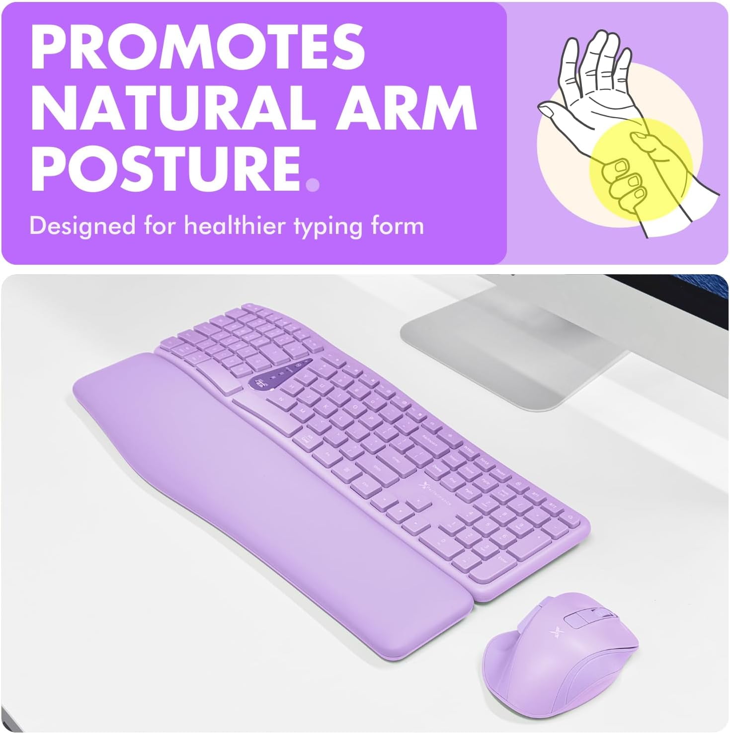 X9 Purple Ergonomic Keyboard Mouse Wireless Combo - Type Comfortably - 2.4G/Bluetooth Split Keyboard, Multi-Device, Soft Wrist Rest, Rechargeable, Silent Ergo Keys - Laptop, PC, Mac,iOS,Android