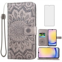 Asuwish Compatible with Samsung Galaxy A25 5G Wallet Phone Case and Tempered Glass Screen Protector Flip Credit Card Holder Stand Mandala Flower Cell Cover for A 25 25A SM-A256U Women Men Gray