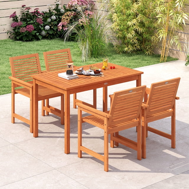Gymax 5 Pieces Patio Wood Dining Set Outdoor Rectangular Table & Chairs for Garden