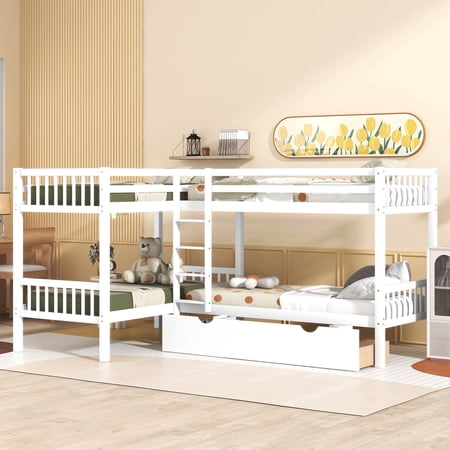 Quad Bunk Beds with Storage Drawers  Wooden L-Shaped Twin Over Twin Bunk Beds for 4 Kids/Teens/Adults(White)