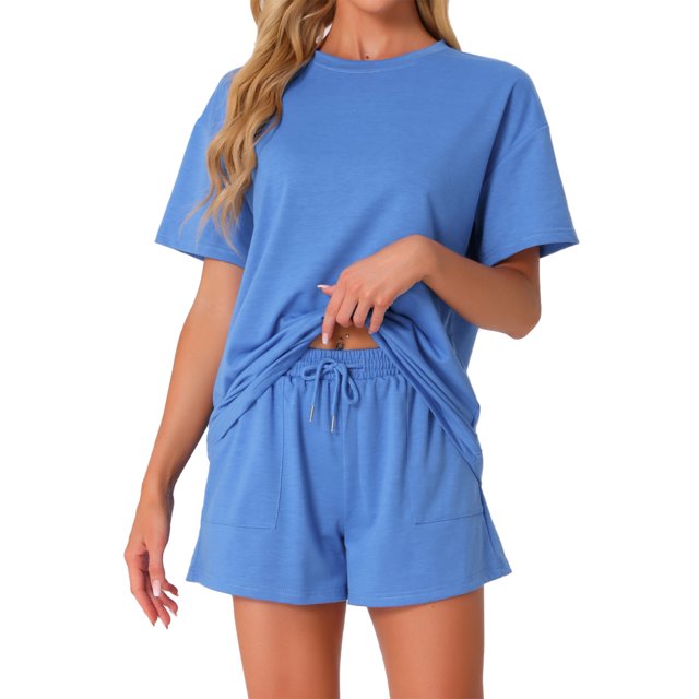 Conjunto de Pijamas para Mujeres INSPIRE CHIC, Conjunto de Manga Corta, Pantalones Cortos, Ropa de Dormir, 2 Piezas con Bolsillos, M Azul Real
