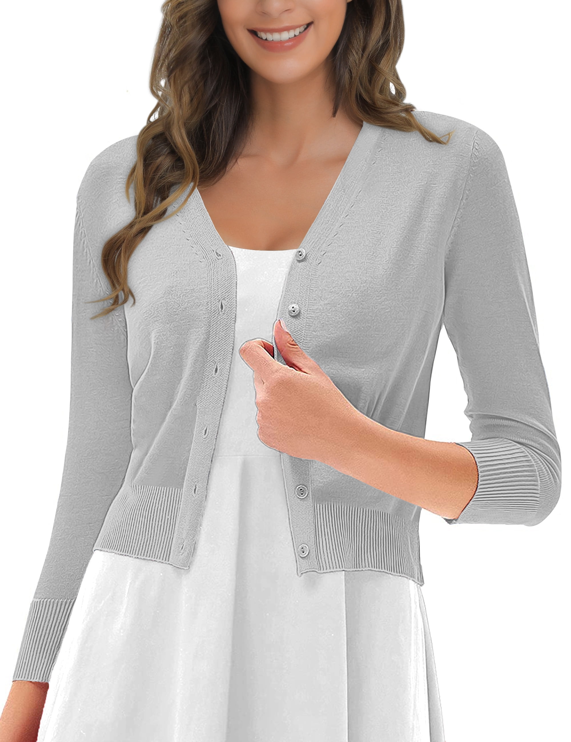 Traleubie Women's Cardigan V neck Button Down Open Front Shrug Light
