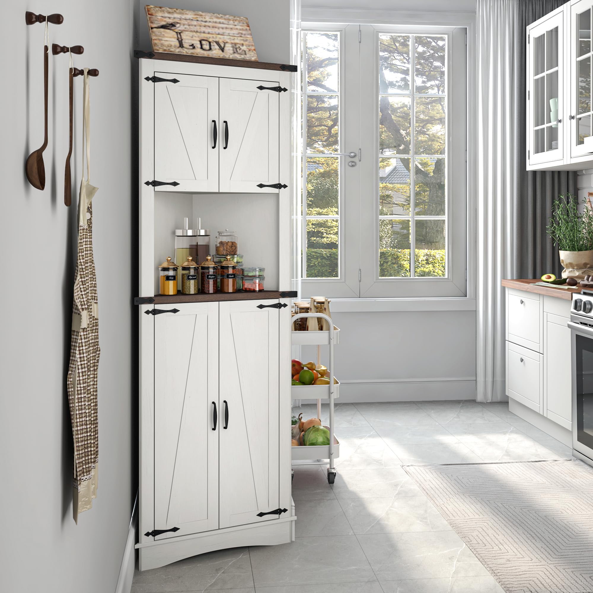 ChVans Farmhouse 68" Tall Corner Cabinet w/4 Barn Doors, 5 Tier Bookcase Storage Cabinet with Adjustable Shelves, Corner Storage Cabinet for Bathroom,Living Room,Kitchen, White-Brown