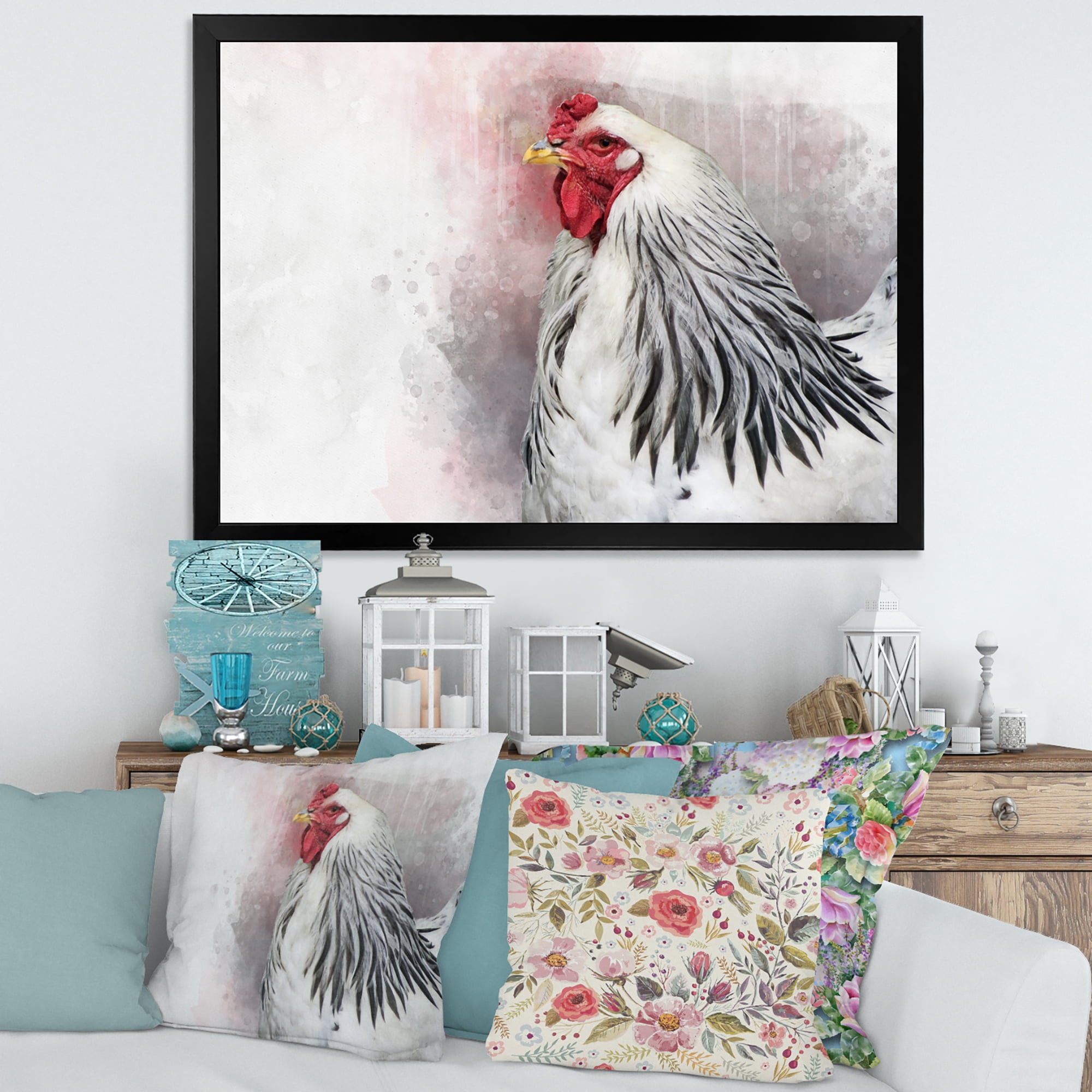 Designart 'Close Up Of White Columbia Brahma Rooster Bird' Traditional Framed Art Print
